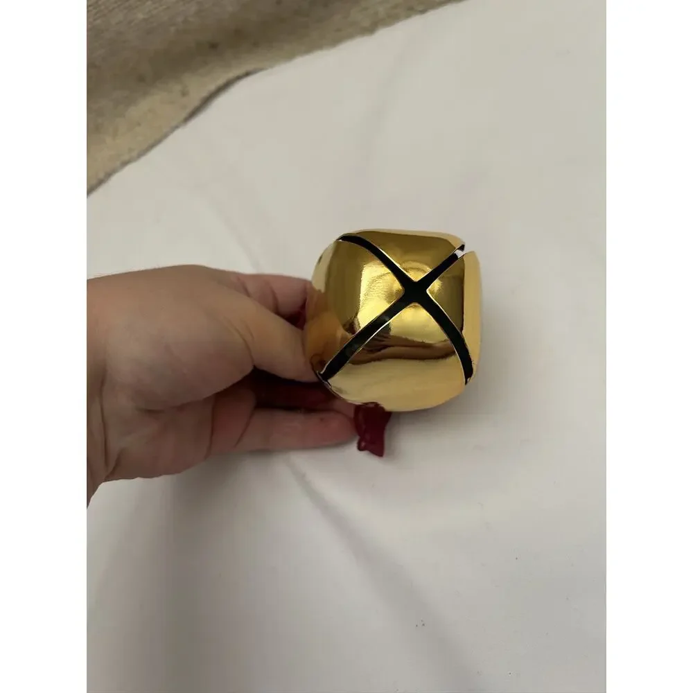 NWT Pottery Barn Jingle Bell Gold Brass With Red Bow Ornament 3